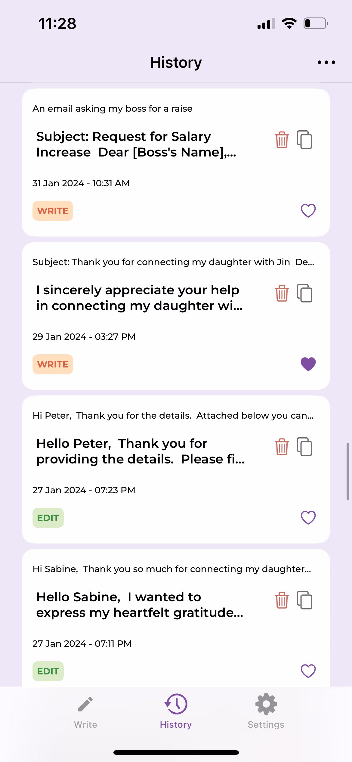 The ParagraphAI mobile app showing the History feature