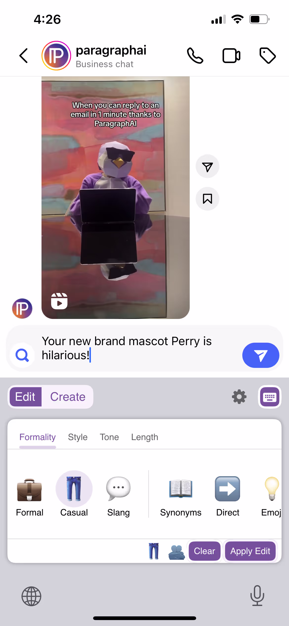 The ParagraphAI AI Keyboard showing the Edit feature in Messages