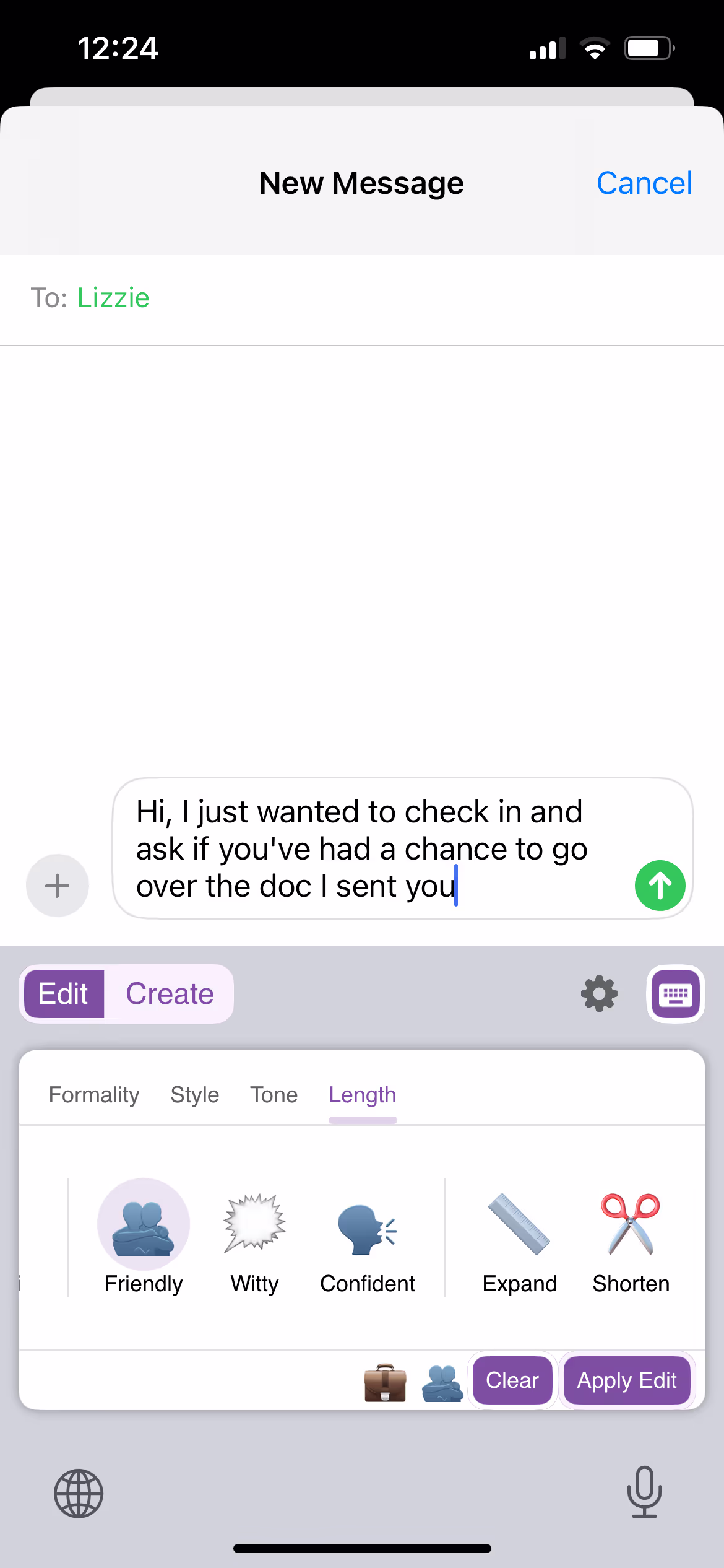 The ParagraphAI AI Keyboard showing the Edit feature