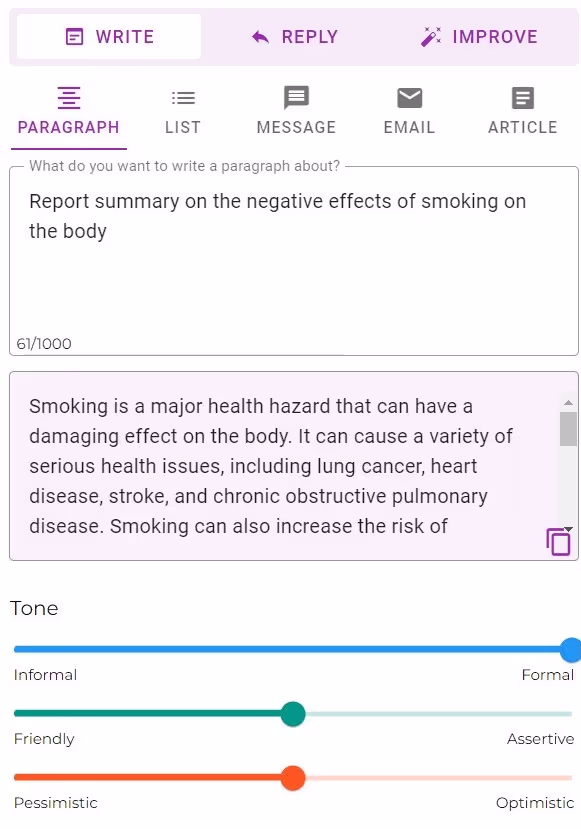 Using our AI to write a report paragraph.