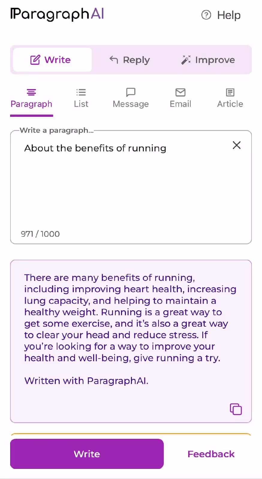 ParagraphAI AI Powered App generating a paragraph from a prompt