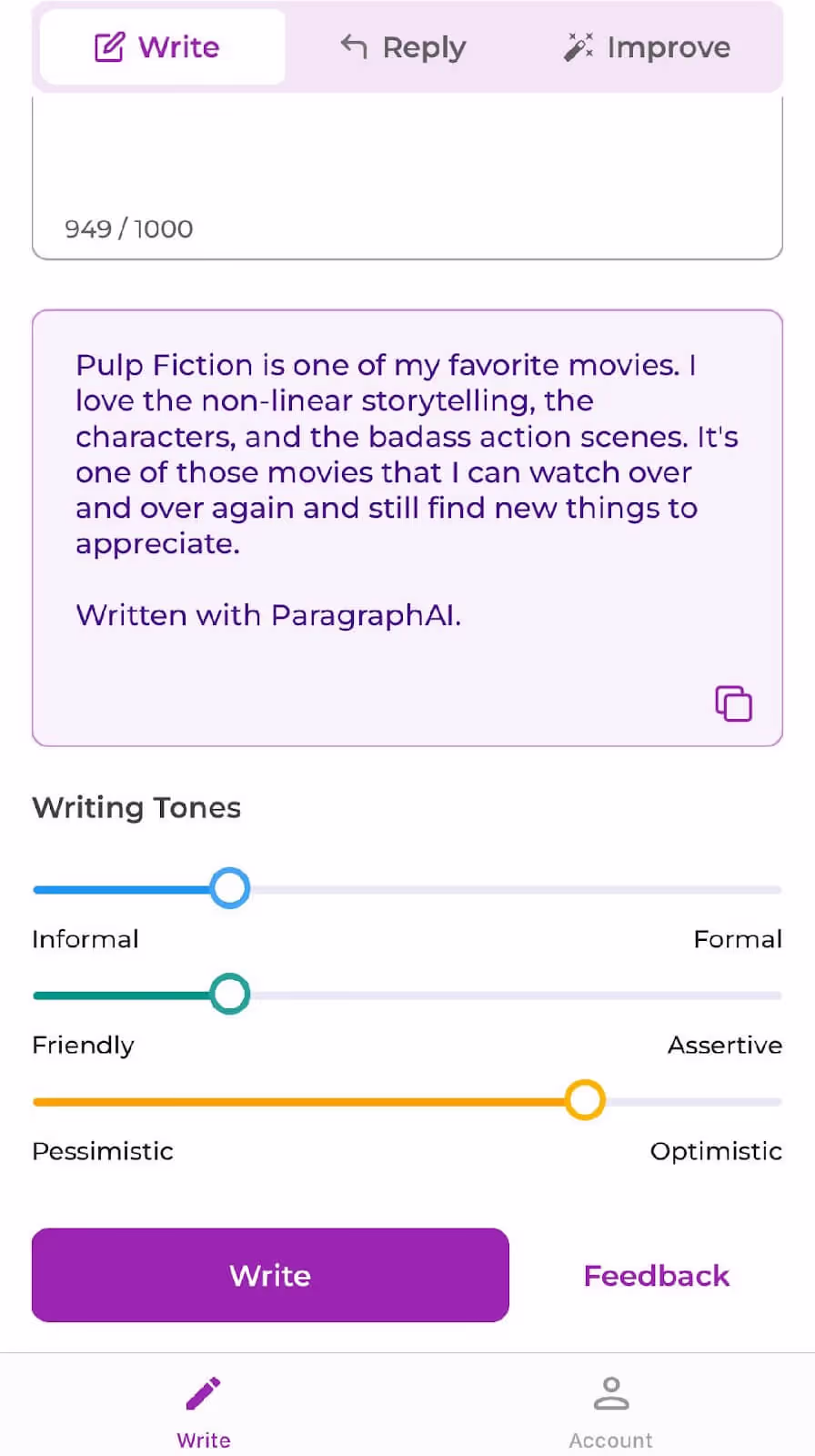 ParagraphAI App showing output from generating a paragraph using AI